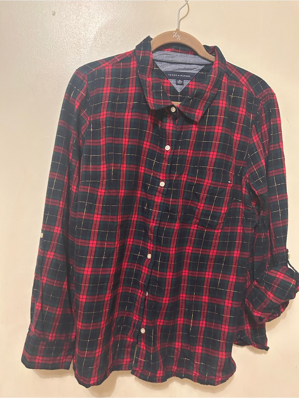 NWOT Tommy Hilfiger Women’s XL Red Black Green & Gold Roll Tab Flannel Sz XL